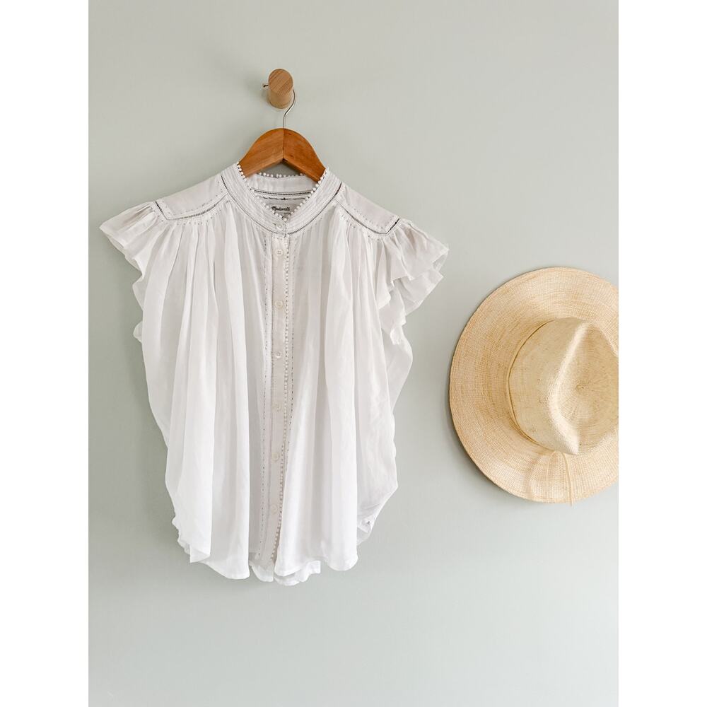 Madewell | NWT Shirred Lace-Trim Top in White | Sz XS - Picture 2 of 13